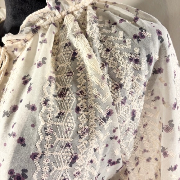 Knox Rose Boho Floral Embroidered Lace Peasant Top Cream Purple Tassel Tie Sz S - Picture 5 of 15